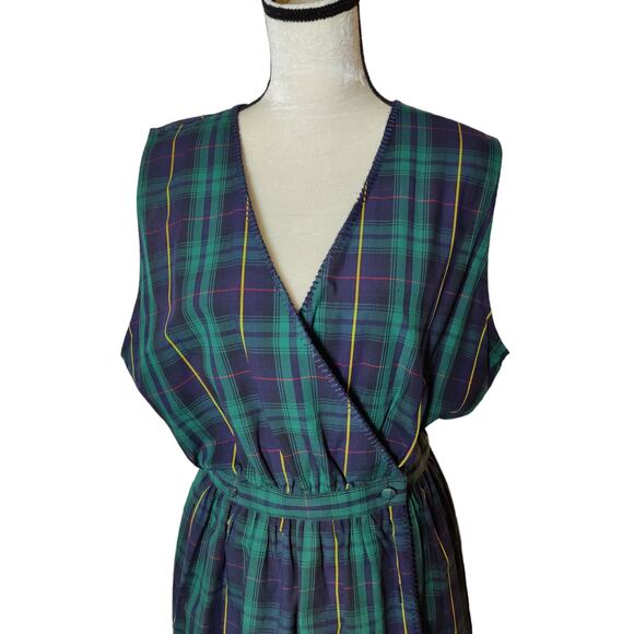NOS 80s Vintage Women Sz 14 Bechamel Green Blue Plaid Maxi Wrap Dress Sleeveless - Picture 2 of 9